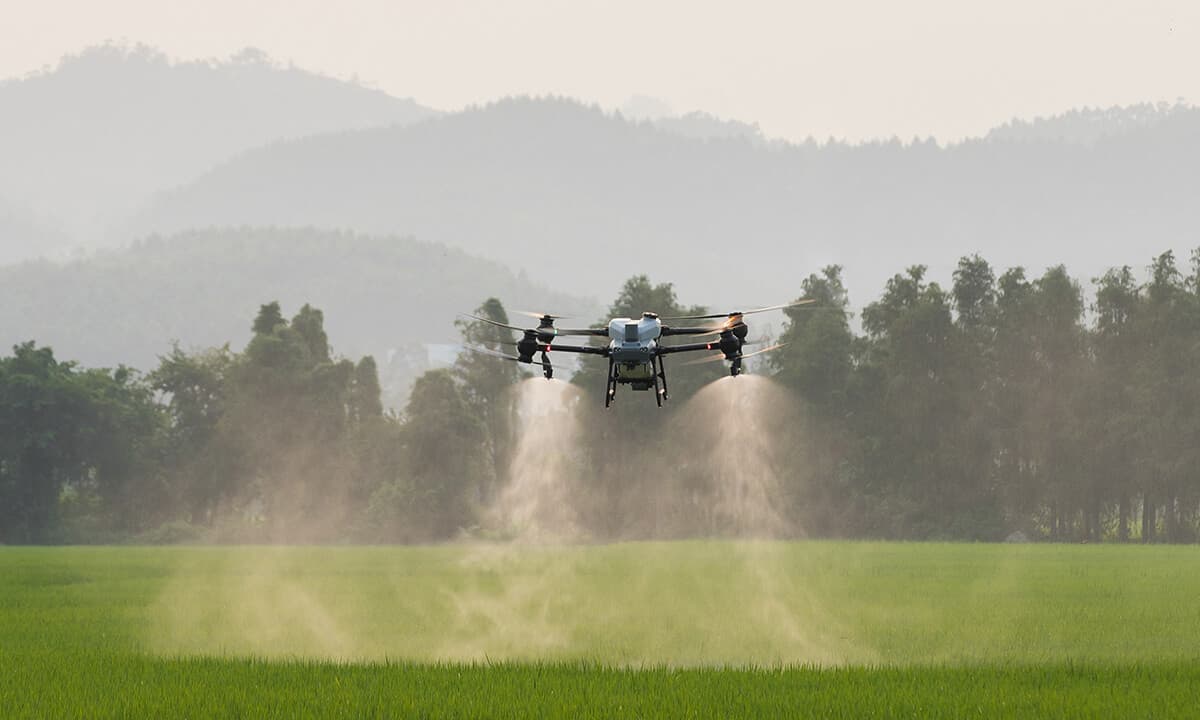 Agricultural drone spraying herbicide over crop rows